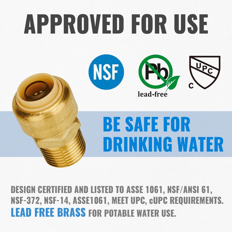 SUNGATOR 1/2 Inch Male Adapter, 1/2 Inch MNPT Adapter, No Lead Brass Push-to-Connect Plumbing Fittings for Pex Pipe, Copper, CPVC, with 1 Disconnect Clip, Pack of 12 - Image 3
